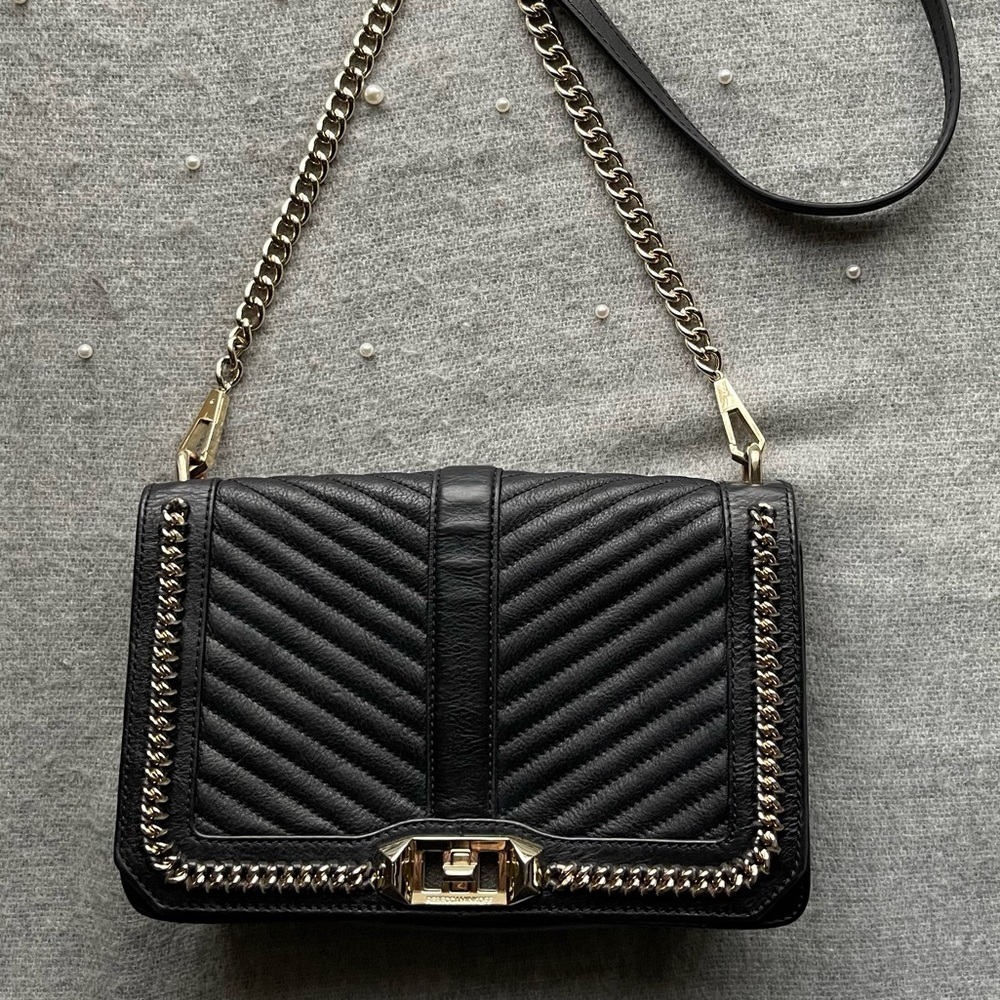 Rebecca Minkoff Black Quilted Leather Chain Shoulder Bag with Gold Hardware